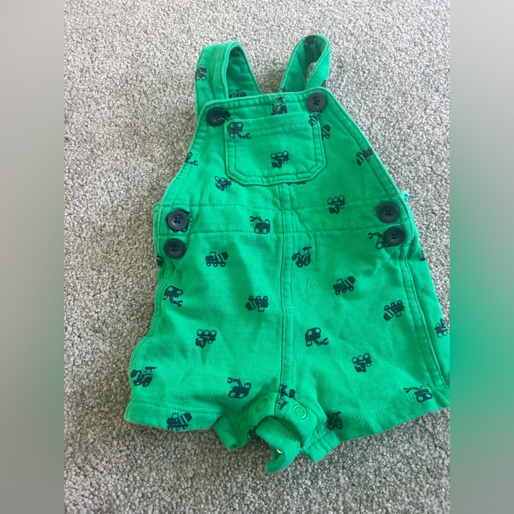 George Vibrant Green Kids Short Overalls with Vehicle Print